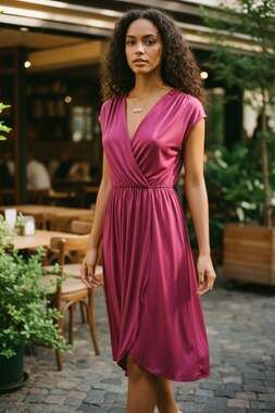 Vintage 70s ILGWU Made in USA Magenta Pink Drape Wrap Front Midi Dress